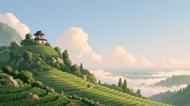 A beautiful traditional pagoda stands peacefully on top of a lush green hill overlooking a scenic landscape with rolling tea fields and soft clouds in the sky