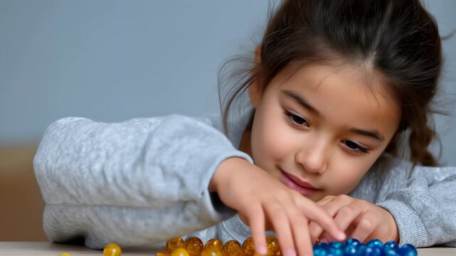 Young girl sorts colorful beads with both hands on a tabletop while concentrating against a plain gray background