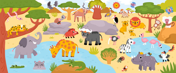 Naklejka premium Horizontal cartoon African animals border background. Nature savanna landscape with trees, plants, birds, insects. Safari wildlife panorama scene with lake, cliff, baobabs, acacias, elephant, giraffe