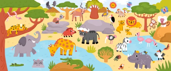 Fototapete Zoo Horizontal cartoon African animals border background. Nature savanna landscape with trees, plants, birds, insects. Safari wildlife panorama scene with lake, cliff, baobabs, acacias, elephant, giraffe  © Lexi Claus