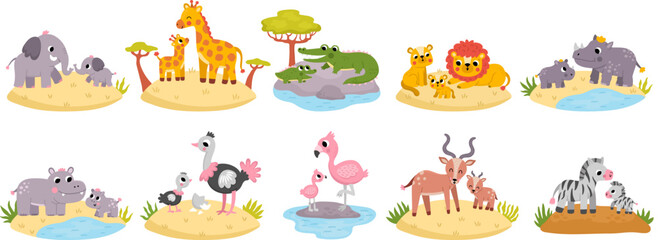Naklejka premium Vector African animal scenes set. Savanna collection with elephant, lion, zebra, giraffe, hippo, rhino, crocodile, antelope, and babies. Cute safari mother and baby illustration with grass background