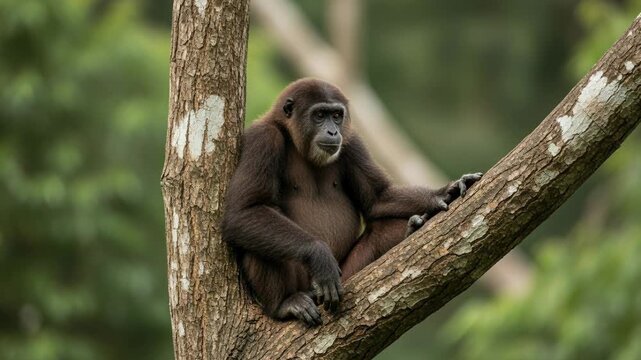 Young and content brown and black monkey sitting in a tree with forest or jungle landscape background on a bright sun lit day