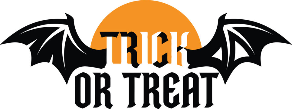 A stylized Halloween graphic featuring the bold text Trick Or Treat overlaid on a bright orange moon with black bat wings