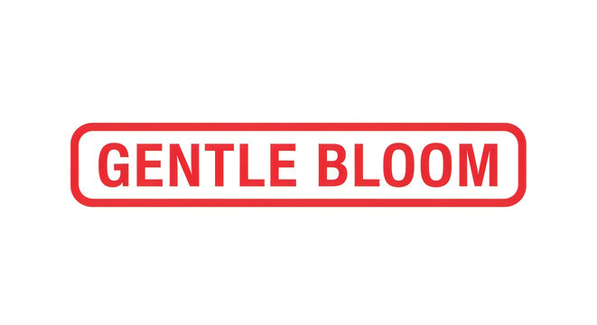 A bold red rectangular frame with rounded corners containing the elegant text gentle bloom in clean white font against a soft white backdrop