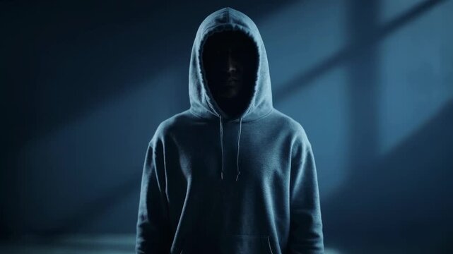 Man wearing a mask to hide his face beneath his white hoodie while standing in a room background environment during the night