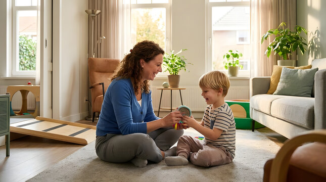 Therapist playing with young child during session.