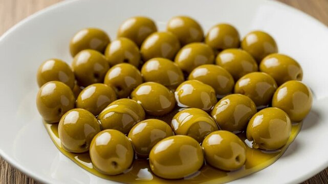 Extra virgin olive oil is poured over a pile of cured, homegrown olives in a beautiful white bowl Golden cold-pressed olive oil splashes across fresh olives