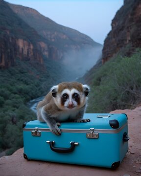 A  pygmy slow loris fantasy animal, fictional species  in a twilight canyon on a suite case. 