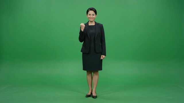 Determined Asian Businesswoman Celebrating Success with Fist Pump on Green Screen Background for Corporate Presentations