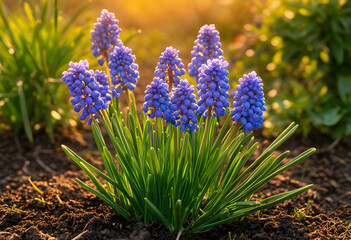 Fototapeta premium Spring garden awakening and growth, vibrant blue muscari flowers blooming in rich soil with warm sunlight