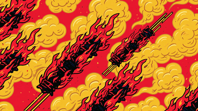 A vibrant artistic illustration showing multiple delicious meat skewers cooking over bright red flames and yellow smoke in a stylized comic book graphic design pattern