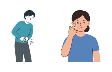 Fototapeta premium Flat vector illustration of a man with stomach pain and a woman touching her irritated red eye