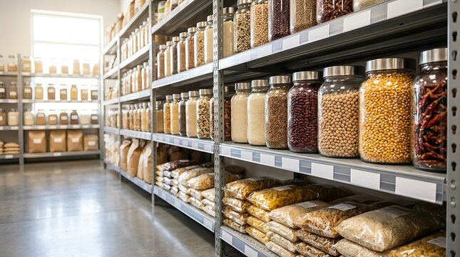 Bulk food items in clear jars and bags on store shelves, healthy pantry staples and cooking ingredients for sale.