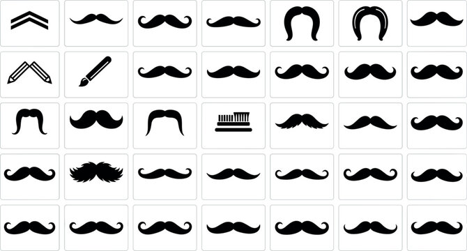 Vintage Mustache Style Icon Set with Handlebar, Chevron, Walrus, and Horseshoe Silhouette Facial Hair Types for Barbershop and Grooming GraphicsVintage Mustache Style Icon Set