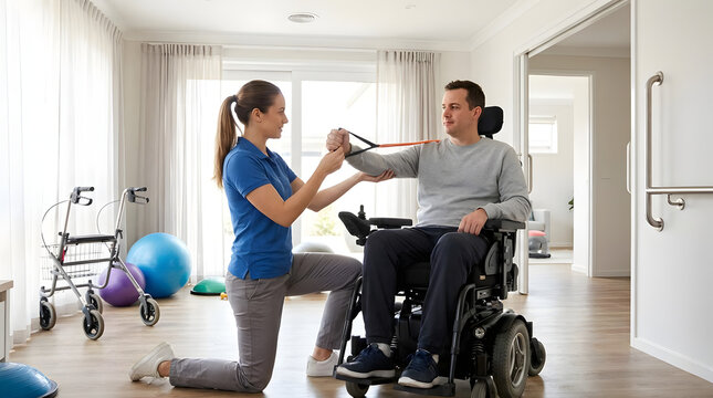Physical therapist assisting man in wheelchair with exercise.