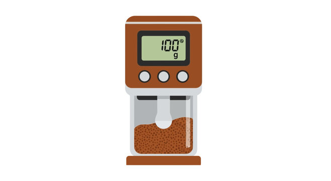 Modern Digital Kitchen Scale with Transparent Container and LCD Display Showing 100g Weight, Flat Vector Illustration for Cooking and Coffee Preparation