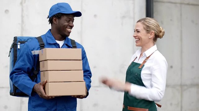 African American male delivery person in blue uniform hands over stacked cardboard boxes to Caucasian female business owner in green apron outside a modern building