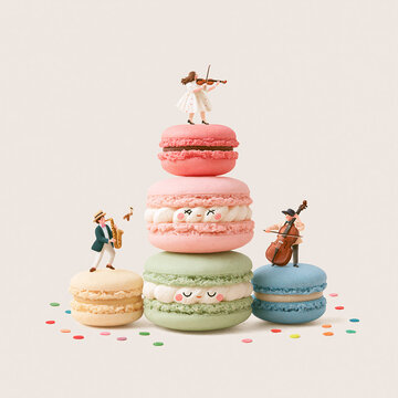 Tiny musicians playing musical instruments while standing on a tall stack of colorful sweet macarons decorated with cute faces on a plain background