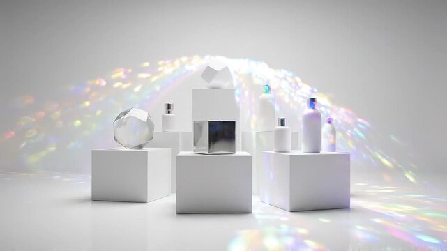 Geometric shapes and white bottles arranged on display pedestals, showcasing reflections and light patterns in a minimalist studio setting with a bright background
