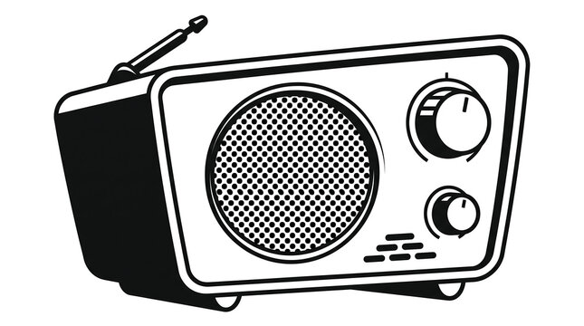 Vintage radio receiver with antenna and dials in black and white illustration.