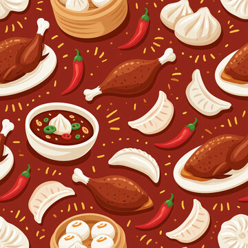 A seamless pattern featuring delicious roasted chicken pieces with steamed dumplings and fresh red chili peppers on a dark red background for culinary design projects