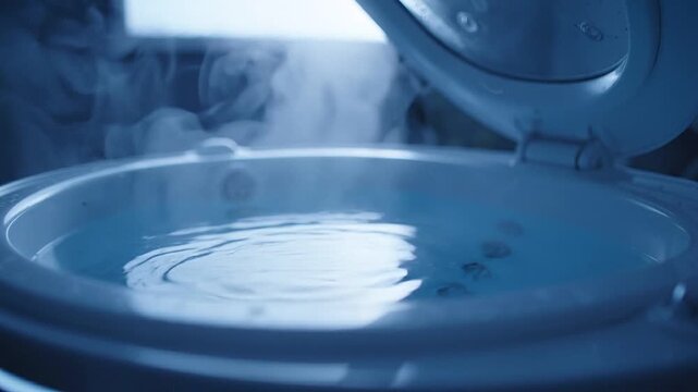 Hand reaches to open the lid of a steaming hot tub, revealing rippling water surface and bubbles, creating a serene atmosphere in a dimly lit indoor setting