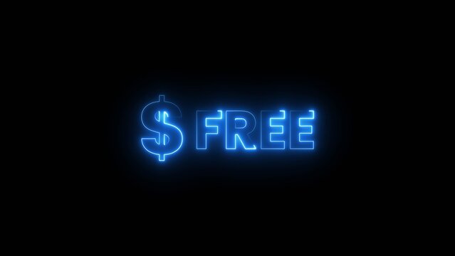 Dollar free neon blue sign glowing on black background for financial savings advertising.