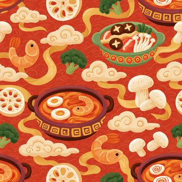 A seamless pattern featuring bowls of delicious ramen noodles with shrimp and vegetables decorated with stylized clouds on a vibrant red background