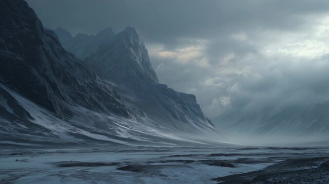 A cold and dangerous mountain range covered in snow and ice. The cold air and mystery of the atmosphere is evident in the icy daytime terrain with overcast cloudscape background
