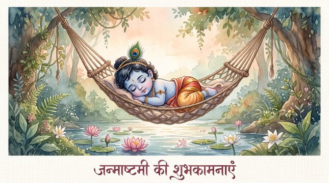 Baby krishna sleeping in hammock over river watercolor art janmashtami
