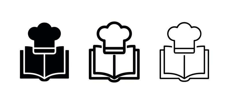 Cookbook Recipe Book Icon Set with Chef Hat and Open Pages