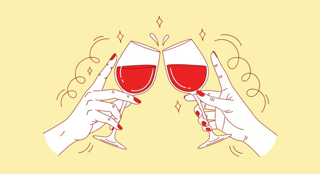 Minimalist line art of hands clinking red wine glasses. Retro toast illustration for celebration. Elegant wine tasting vector.