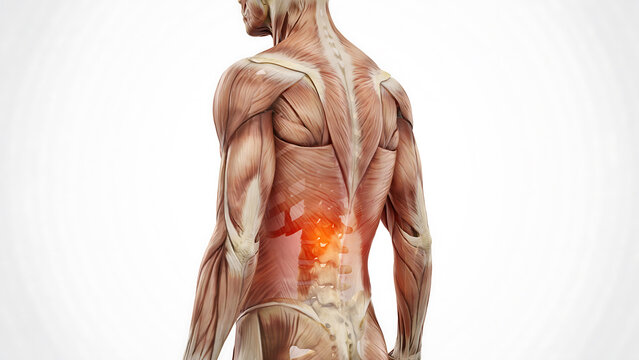 Anatomical medical illustration of human back muscles with highlighted lumbar spine pain