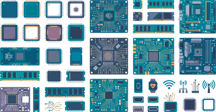 Computer processor chip and motherboard vector icon set featuring cpu microchips ram memory modules circuit boards technology hardware components and network infrastructure symbols