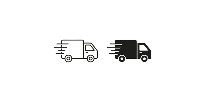 Line and solid icons of a moving delivery truck symbolizing fast shipping and transport.