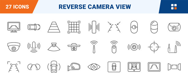 Fototapeta premium Reverse Camera View line icon set. Vector pictograms of backup camera, parking sensor, rear display, and vehicle assist elements, thin linear illustration.