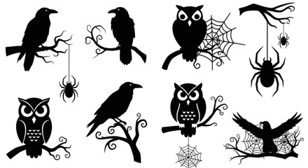 Halloween silhouette collection, spooky crow and owl bird icons, 10 black vector elements with spiders and cobwebs for gothic decor
