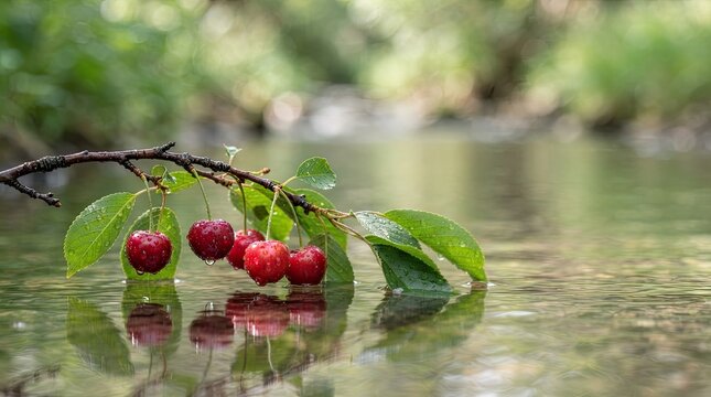 A branch of cherry trees hangs over a calm river.