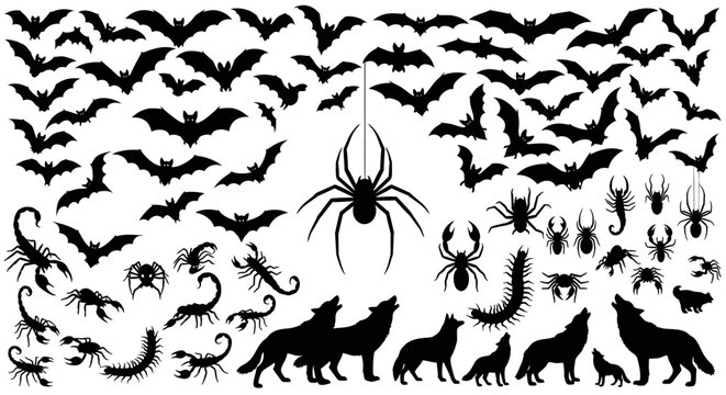 Halloween silhouette vector set, spooky bats and spiders collection, black wolf and scorpion icons for horror design