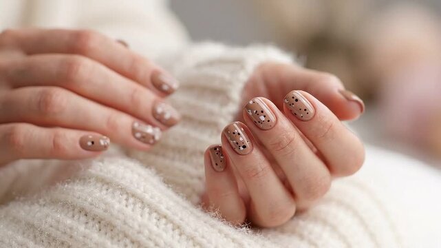 Female hands with stylish nail art featuring beige polish and decorative dots, resting on a cozy white knitted sweater in a softly lit indoor setting