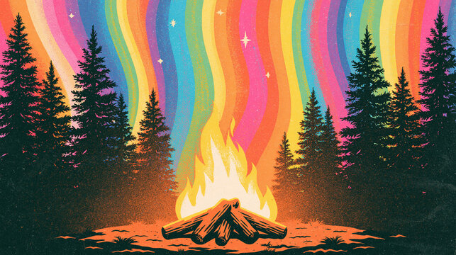 A bright campfire burns in the forest at night under a colorful psychedelic sky with rainbow waves and stars in a retro art style illustration