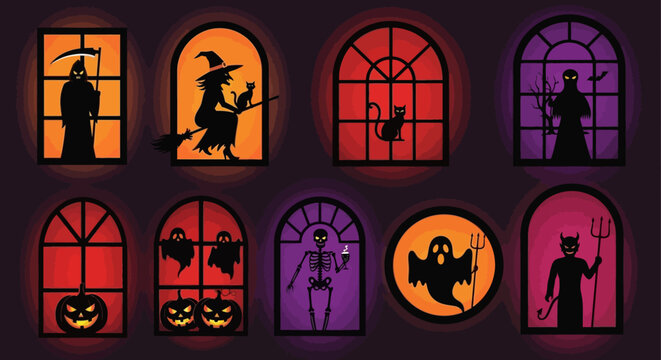 Halloween silhouette window icons, spooky character silhouettes in glowing frames, 9 vector horror elements for holiday decor