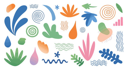 Fototapeta premium Abstract organic shapes collection, colorful hand drawn botanical elements vector set, modern minimalist nature clip art for branding