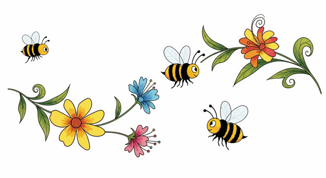 Hand-drawn bumblebee and wildflower border, cute honeybee garden illustration, colorful floral vector art for spring stationery