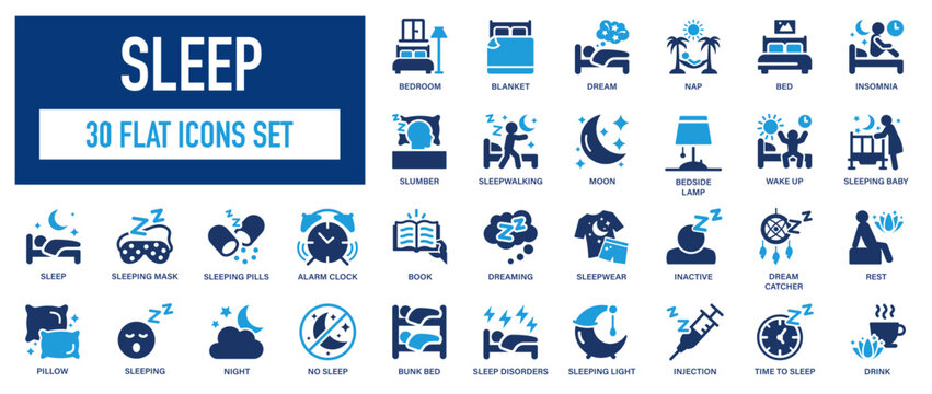 Sleep icons set. 30 bedtime, relaxation, and night rest symbols. Blue flat vector signs
