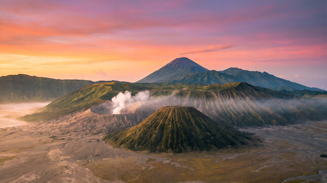 Majestic Volcano Landscape Sunrise Eruption Golden Sky Volcanic Peaks Bromo Beauty