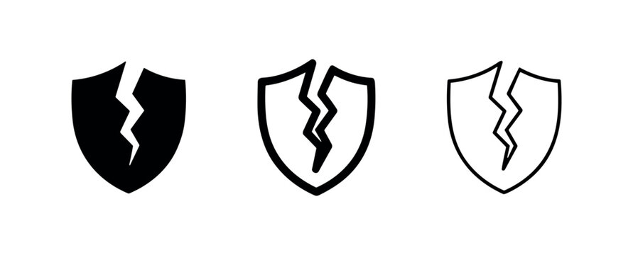 Broken shield icon set. Cyber security breach, damage, or vulnerability symbol, depicting lost protection.