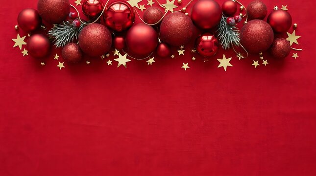 Christmas background with red ornaments and golden stars on red surface