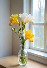 Naklejka premium Spring floral arrangement with yellow and white freesia flowers in a glass vase by a window, natural light
