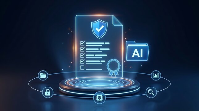 Neon digital document certification shield glowing blue icon interface design for cyber security verification enterprise data protection compliance software system.